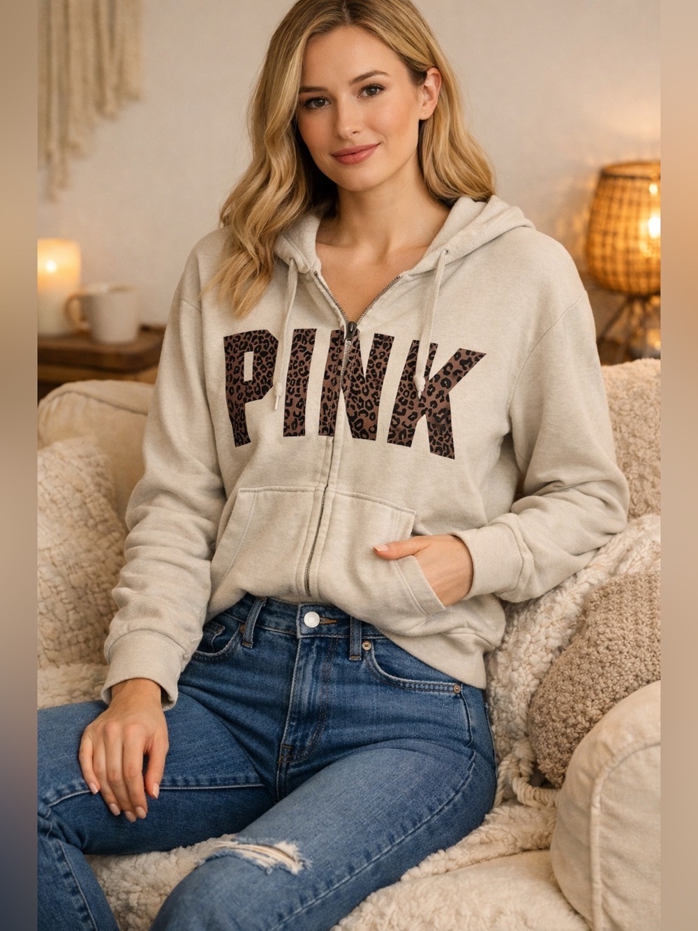 Y2K Victoria Secret Pink Perfect Full Zip Hoodie Sweater Jacket Top Leopard XXL